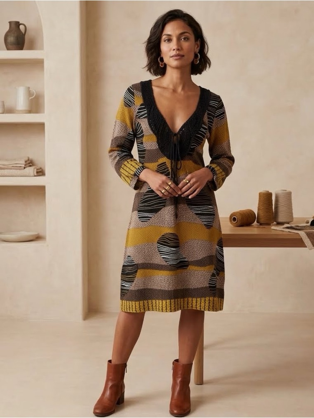 Aryeh by Anthropologie Boho Knit Dress in Black, Grey & Mustard Yellow - Sz S